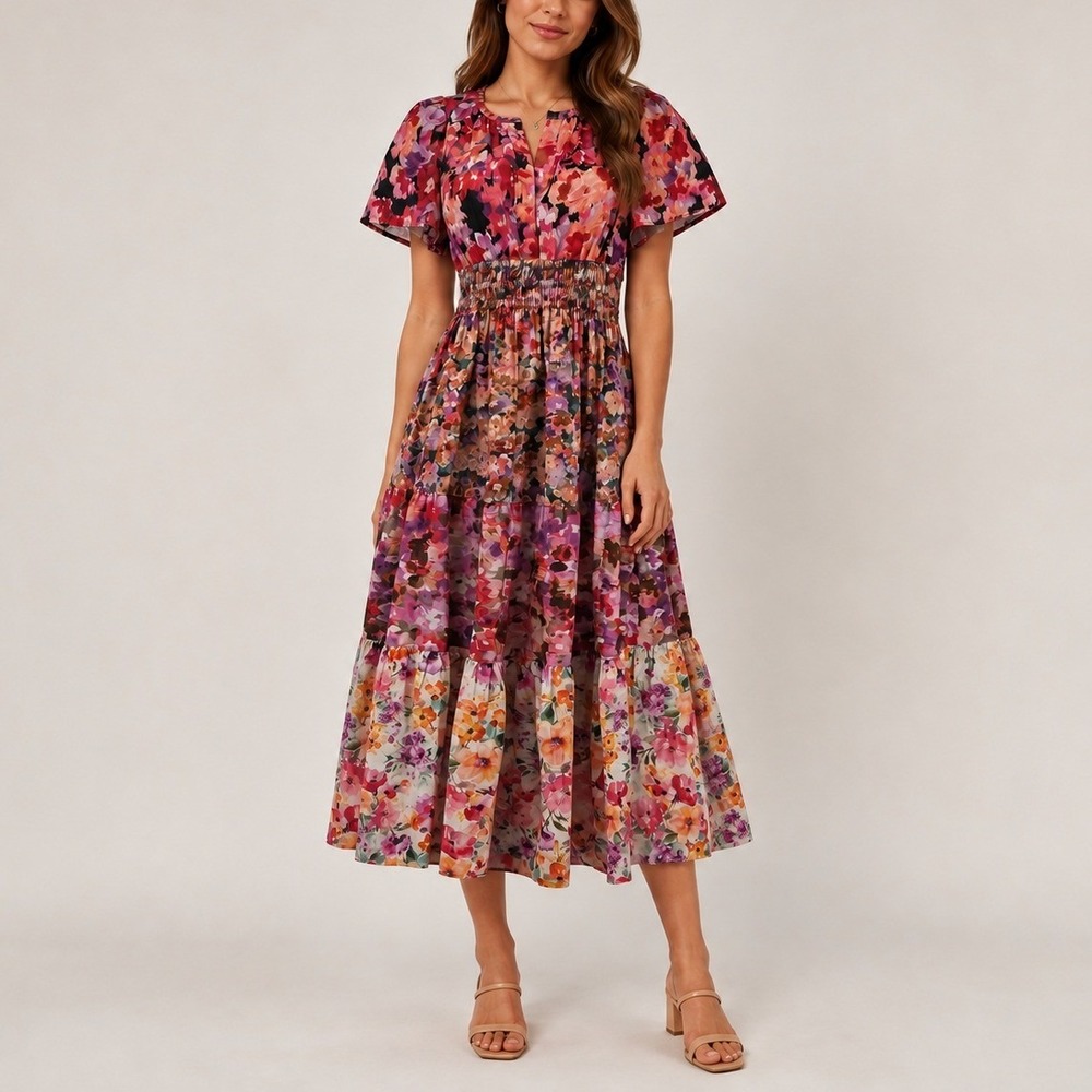 Kachel x Anthropologie Mixed Floral Print Midi Dress XS Pink